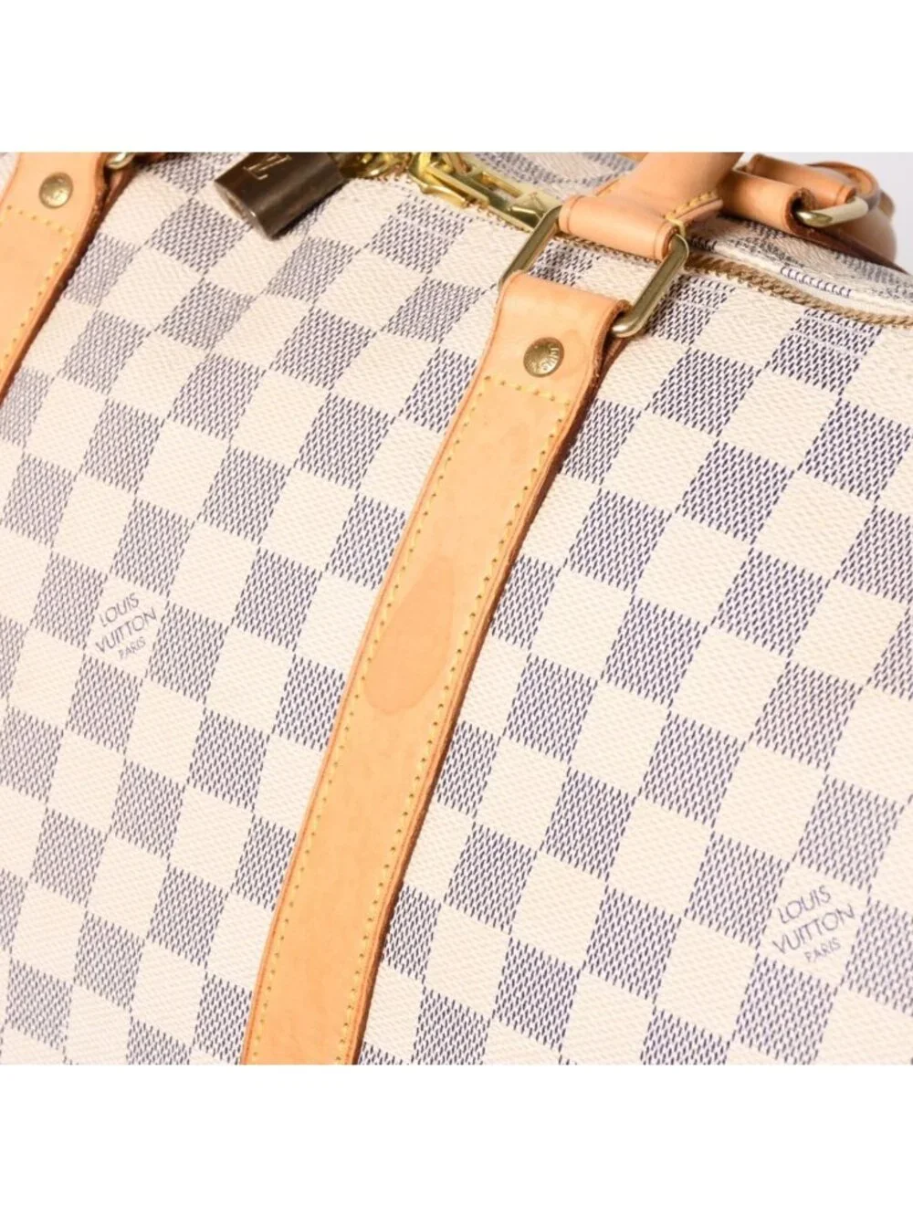 Louis Vuitton Keepall 50 Boston Bag Damier Azur Canvas Vachetta Leather White